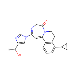 C[C@@H](O)c1cn(C2=NCC(=O)N3CCc4c(cccc4C4CC4)C3=C2)cn1 ZINC000149247739