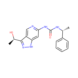 C[C@@H](O)c1n[nH]c2cc(NC(=O)N[C@H](C)c3ccccc3)ncc12 ZINC000261073390