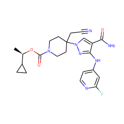 C[C@@H](OC(=O)N1CCC(CC#N)(n2cc(C(N)=O)c(Nc3ccnc(F)c3)n2)CC1)C1CC1 ZINC000219281994