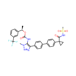 C[C@@H](OC(=O)Nc1c(-c2ccc(-c3ccc(C4(C(=O)NS(C)(=O)=O)CC4)cc3)cc2)nnn1C)c1cccc(C(F)(F)F)c1 ZINC000095575251