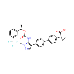 C[C@@H](OC(=O)Nc1c(-c2ccc(-c3ccc(C4(C(=O)O)CC4)cc3)cc2)cnn1C)c1cccc(C(F)(F)F)c1 ZINC000095579618