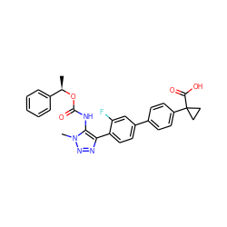 C[C@@H](OC(=O)Nc1c(-c2ccc(-c3ccc(C4(C(=O)O)CC4)cc3)cc2F)nnn1C)c1ccccc1 ZINC000095574509