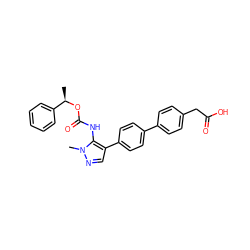 C[C@@H](OC(=O)Nc1c(-c2ccc(-c3ccc(CC(=O)O)cc3)cc2)cnn1C)c1ccccc1 ZINC000095577941