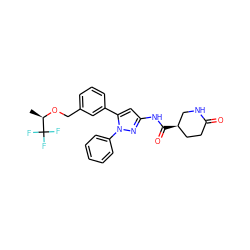 C[C@@H](OCc1cccc(-c2cc(NC(=O)[C@@H]3CCC(=O)NC3)nn2-c2ccccc2)c1)C(F)(F)F ZINC000169707447