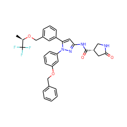 C[C@@H](OCc1cccc(-c2cc(NC(=O)[C@@H]3CNC(=O)C3)nn2-c2cccc(OCc3ccccc3)c2)c1)C(F)(F)F ZINC000169707347