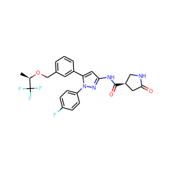 C[C@@H](OCc1cccc(-c2cc(NC(=O)[C@H]3CNC(=O)C3)nn2-c2ccc(F)cc2)c1)C(F)(F)F ZINC000143726175