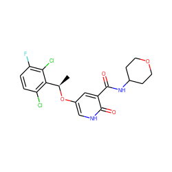 C[C@@H](Oc1c[nH]c(=O)c(C(=O)NC2CCOCC2)c1)c1c(Cl)ccc(F)c1Cl ZINC000096258130