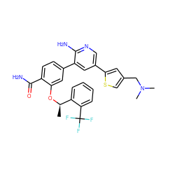 C[C@@H](Oc1cc(-c2cc(-c3cc(CN(C)C)cs3)cnc2N)ccc1C(N)=O)c1ccccc1C(F)(F)F ZINC000084655195