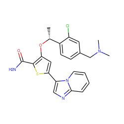 C[C@@H](Oc1cc(-c2cnc3ccccn23)sc1C(N)=O)c1ccc(CN(C)C)cc1Cl ZINC000043022271