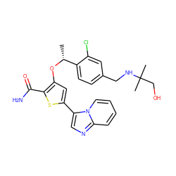 C[C@@H](Oc1cc(-c2cnc3ccccn23)sc1C(N)=O)c1ccc(CNC(C)(C)CO)cc1Cl ZINC000043024064