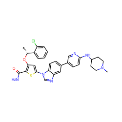 C[C@@H](Oc1cc(-n2cnc3cc(-c4ccc(NC5CCN(C)CC5)nc4)ccc32)sc1C(N)=O)c1ccccc1Cl ZINC000043152533