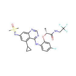 C[C@@H](Oc1cc(F)ccc1Nc1ncnc2cc(N=S(C)(C)=O)cc(C3CC3)c12)C(=O)NCC(F)(F)F ZINC001772628550