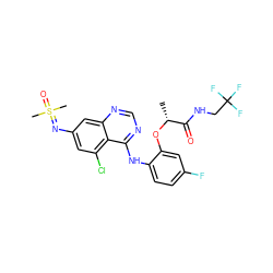 C[C@@H](Oc1cc(F)ccc1Nc1ncnc2cc(N=S(C)(C)=O)cc(Cl)c12)C(=O)NCC(F)(F)F ZINC001772583585