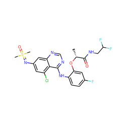 C[C@@H](Oc1cc(F)ccc1Nc1ncnc2cc(N=S(C)(C)=O)cc(Cl)c12)C(=O)NCC(F)F ZINC001772586753