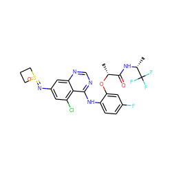 C[C@@H](Oc1cc(F)ccc1Nc1ncnc2cc(N=S3(=O)CCC3)cc(Cl)c12)C(=O)N[C@H](C)C(F)(F)F ZINC001772581233