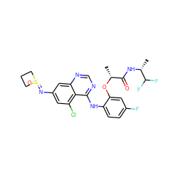 C[C@@H](Oc1cc(F)ccc1Nc1ncnc2cc(N=S3(=O)CCC3)cc(Cl)c12)C(=O)N[C@H](C)C(F)F ZINC001772619925