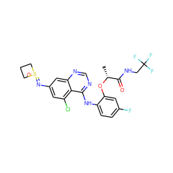 C[C@@H](Oc1cc(F)ccc1Nc1ncnc2cc(N=S3(=O)CCC3)cc(Cl)c12)C(=O)NCC(F)(F)F ZINC000222110092