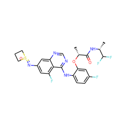 C[C@@H](Oc1cc(F)ccc1Nc1ncnc2cc(N=S3(=O)CCC3)cc(F)c12)C(=O)N[C@H](C)C(F)F ZINC001772583305