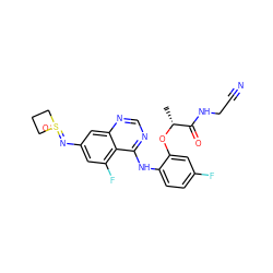 C[C@@H](Oc1cc(F)ccc1Nc1ncnc2cc(N=S3(=O)CCC3)cc(F)c12)C(=O)NCC#N ZINC001772576915