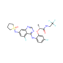 C[C@@H](Oc1cc(F)ccc1Nc1ncnc2cc(N=S3(=O)CCCC3)cc(F)c12)C(=O)NCC(F)(F)F ZINC001772570651