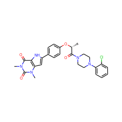 C[C@@H](Oc1ccc(-c2cc3c([nH]2)c(=O)n(C)c(=O)n3C)cc1)C(=O)N1CCN(c2ccccc2Cl)CC1 ZINC000029058884