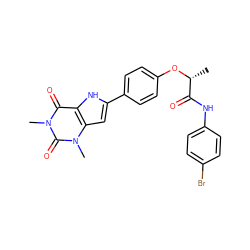 C[C@@H](Oc1ccc(-c2cc3c([nH]2)c(=O)n(C)c(=O)n3C)cc1)C(=O)Nc1ccc(Br)cc1 ZINC000013678769