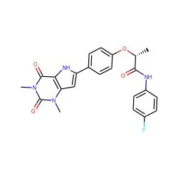 C[C@@H](Oc1ccc(-c2cc3c([nH]2)c(=O)n(C)c(=O)n3C)cc1)C(=O)Nc1ccc(F)cc1 ZINC000013678778