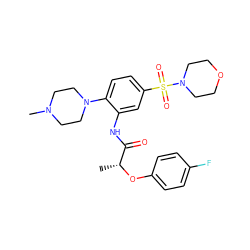 C[C@@H](Oc1ccc(F)cc1)C(=O)Nc1cc(S(=O)(=O)N2CCOCC2)ccc1N1CCN(C)CC1 ZINC000024756118