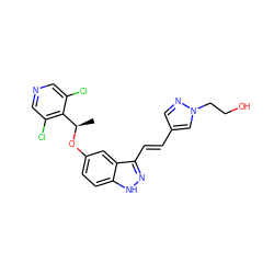 C[C@@H](Oc1ccc2[nH]nc(/C=C/c3cnn(CCO)c3)c2c1)c1c(Cl)cncc1Cl ZINC000073069242