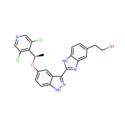 C[C@@H](Oc1ccc2[nH]nc(-c3nc4cc(CCO)ccc4[nH]3)c2c1)c1c(Cl)cncc1Cl ZINC000653816385