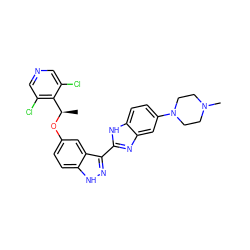 C[C@@H](Oc1ccc2[nH]nc(-c3nc4cc(N5CCN(C)CC5)ccc4[nH]3)c2c1)c1c(Cl)cncc1Cl ZINC000653825370