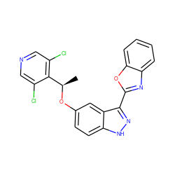 C[C@@H](Oc1ccc2[nH]nc(-c3nc4ccccc4o3)c2c1)c1c(Cl)cncc1Cl ZINC000653813308