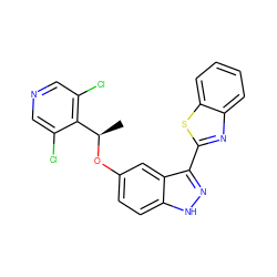 C[C@@H](Oc1ccc2[nH]nc(-c3nc4ccccc4s3)c2c1)c1c(Cl)cncc1Cl ZINC000653827685