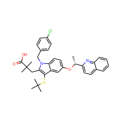 C[C@@H](Oc1ccc2c(c1)c(SC(C)(C)C)c(CC(C)(C)C(=O)O)n2Cc1ccc(Cl)cc1)c1ccc2ccccc2n1 ZINC000026481724