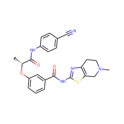 C[C@@H](Oc1cccc(C(=O)Nc2nc3c(s2)CN(C)CC3)c1)C(=O)Nc1ccc(C#N)cc1 ZINC000113567087
