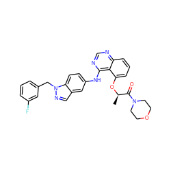 C[C@@H](Oc1cccc2ncnc(Nc3ccc4c(cnn4Cc4cccc(F)c4)c3)c12)C(=O)N1CCOCC1 ZINC000029041324