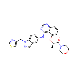 C[C@@H](Oc1cccc2ncnc(Nc3ccc4c(cnn4Cc4cscn4)c3)c12)C(=O)N1CCOCC1 ZINC000029041332