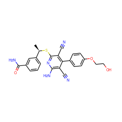 C[C@@H](Sc1nc(N)c(C#N)c(-c2ccc(OCCO)cc2)c1C#N)c1cccc(C(N)=O)c1 ZINC000113377710