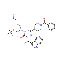 C[C@@H](c1c[nH]c2ccccc12)[C@@H](NC(=O)C1CCN(C(=O)c2ccccc2)CC1)C(=O)N[C@@H](CCCCN)C(=O)OC(C)(C)C ZINC000027412472