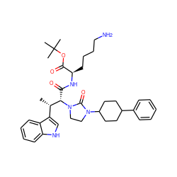C[C@@H](c1c[nH]c2ccccc12)[C@H](C(=O)N[C@H](CCCCN)C(=O)OC(C)(C)C)N1CCN(C2CCC(c3ccccc3)CC2)C1=O ZINC000027555532