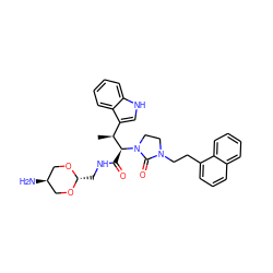 C[C@@H](c1c[nH]c2ccccc12)[C@H](C(=O)NC[C@H]1OC[C@H](N)CO1)N1CCN(CCc2cccc3ccccc23)C1=O ZINC000253683331