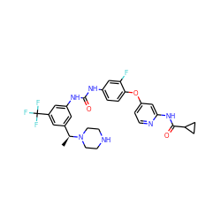 C[C@@H](c1cc(NC(=O)Nc2ccc(Oc3ccnc(NC(=O)C4CC4)c3)c(F)c2)cc(C(F)(F)F)c1)N1CCNCC1 ZINC001772639116