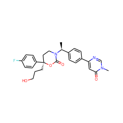 C[C@@H](c1ccc(-c2cc(=O)n(C)cn2)cc1)N1CC[C@](CCCO)(c2ccc(F)cc2)OC1=O ZINC000096178394