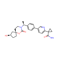 C[C@@H](c1ccc(-c2ccc(C3(C(N)=O)CC3)nc2)cc1)N1CC[C@]2(CC[C@@H](O)C2)OC1=O ZINC000141541596