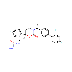 C[C@@H](c1ccc(-c2ccc(F)cc2F)cc1)N1CC[C@](CCNC(N)=O)(c2ccc(F)cc2)OC1=O ZINC000072116480