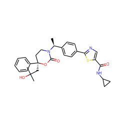 C[C@@H](c1ccc(-c2ncc(C(=O)NC3CC3)s2)cc1)N1CC[C@](CC(C)(C)O)(c2ccccc2)OC1=O ZINC000148612343