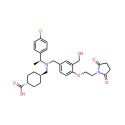 C[C@@H](c1ccc(Cl)cc1)N(Cc1ccc(OCCN2C(=O)CCC2=O)c(CO)c1)C[C@H]1CC[C@H](C(=O)O)CC1 ZINC000473244615