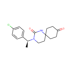 C[C@@H](c1ccc(Cl)cc1)N1CCC2(CCC(=O)CC2)NC1=O ZINC000146284170