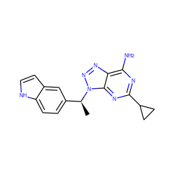 C[C@@H](c1ccc2[nH]ccc2c1)n1nnc2c(N)nc(C3CC3)nc21 ZINC000084690235