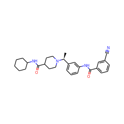 C[C@@H](c1cccc(NC(=O)c2cccc(C#N)c2)c1)N1CCC(C(=O)NC2CCCCC2)CC1 ZINC001772640090